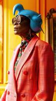 Vibrant and Eccentric Portrait of a Fashionable Individual in Bold Attire photo