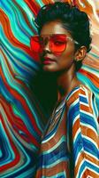 Stylish and Captivating Woman in Vibrant Abstract Studio Portrait photo