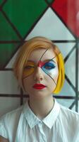 Avant Garde Portrait of a Stylish Woman with Unique Colorful Makeup and Geometric Background photo