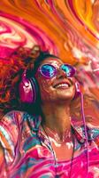 Joyful dark skinned woman exuding vibrant energy and ecstasy amidst colorful abstract backdrop photo