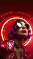 Alluring Futuristic Woman With Vibrant Wavy Hair in Red Neon Lighting photo