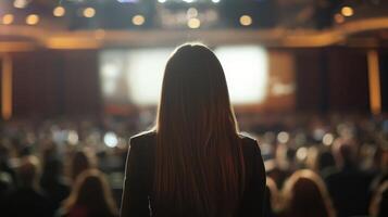 Female Speaker Addressing a Large Audience at a Professional Conference or Event photo