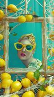 Surreal Portrait of Blonde Woman in Colorful Floral Frame with Lemons photo