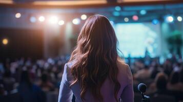 Female Speaker Addressing a Large Audience on Stage at a Conference or Event photo