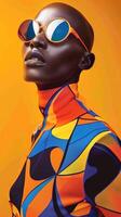 A Fashionable Man Wearing Vibrant and Geometric Sunglasses in a Striking Conceptual Portrait photo