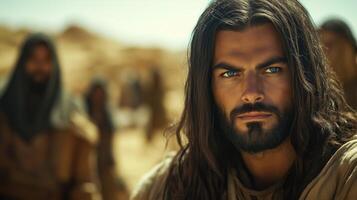 Rugged Adventurer Exploring Vast Desert Landscape with Contemplative Expression photo