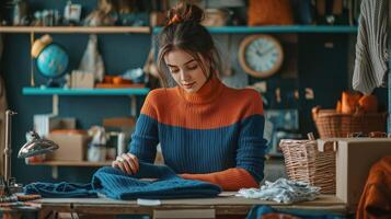 Young woman in a cozy and modern home workspace studying or working on a laptop photo