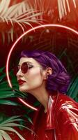 Vibrant and Futuristic Fashion Portrait of a Stylish Woman in Tropical Setting photo