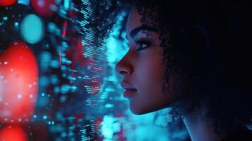 Thoughtful Woman in Futuristic Digital Atmosphere with Neon Lights photo