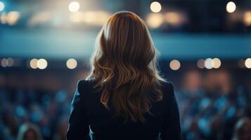 Female Speaker Addressing a Large Audience at a Corporate Conference or Event photo