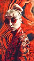 Captivating Platinum Blonde Woman in Vibrant Red and Abstract Studio Setting photo