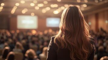 Female speaker addressing a large audience in an auditorium during a professional conference or photo