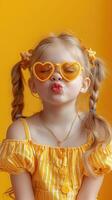 Stylish Young Girl Wearing Heart Shaped Sunglasses and Posing Against Yellow Background photo