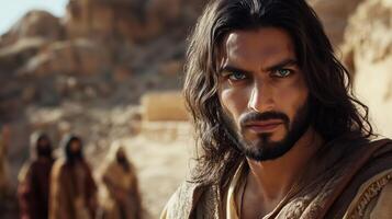 Rugged Man with Flowing Hair and Beard in Dramatic Desert Landscape photo