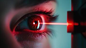 Closeup Dramatic View of a Person s Futuristic Scanning Eye with Intense Red Lighting photo