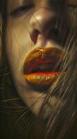 Close Up Portrait Of A Fair Skinned Woman With Vibrant Lips And A Mysterious Expression photo
