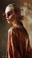 Captivating Enigmatic Blonde Woman in Chic Red Jacket and Sunglasses Posing in Studio photo