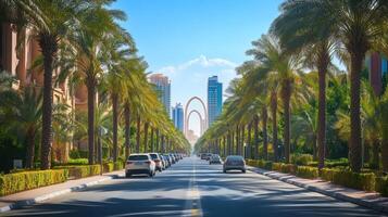 Wide Boulevard Lined With Majestic Palm Trees and Towering Skyscrapers photo