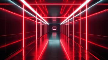 Futuristic Neon Lit Hallway with Geometric Patterns and Perspective photo