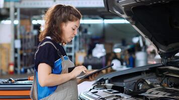 Qualified technician in garage workspace using tablet to order new parts for car after finding damages during annual checkup. Auto repair shop worker searching online for vehicle components photo