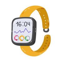 Cute cartoon wrist smart watch and fitness tracker showing day activity, steps, heartbeat. Intelligence device with display and silicone bracelet. Electronic hand accessory from Internet of things. vector