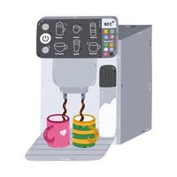 Cute cartoon smart coffee machine making coffee in mugs, multiple buttons and settings. Hand drawn intelligence electric coffee maker. Professional automatic barista device to control via smartphone. vector