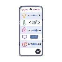 Cute cartoon smartphone with mobile app for home automation, security. Hand drawn clipart of remote control for lock, temperature, house cleaning, light, TV. Internet of things isolated on white. vector