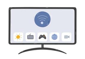 Cute cartoon smart TV with internet and wireless control via smartphone. Hand drawn intelligence television display for watching , webinar, news. Internet of things device isolated on background. vector