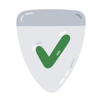 Cute cartoon shield with check mark as symbol of protection. Hand drawn security shield with tick icon as sign of insurance, risk coverage, policyholder protection isolated on white background. vector
