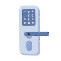 Cute cartoon smart door lock with pin code, fingerprint and key access for safety, home protection. Hand drawn intelligence house security device isolated on white. Remote door locking via telephone. vector