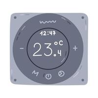 Cute cartoon smart thermostat for temperature regulation via smartphone. Hand drawn intelligence electronic heating system with indicators. Internet of things radiator isolated on white background. vector