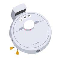 Cute cartoon robot vacuum cleaner with docking station, brush and buttons. Remote wireless industrial sweeper for maintenance pure home via smartphone. Technique for automation housework isolated vector