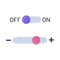 Cute cartoon toggles switch buttons for turn on and off, plus and minus. Mode switch buttons to activate device and make it bigger or smaller. Switch button interface isolated on white background. vector