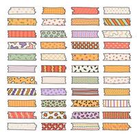 Big colorful doodle set of washi tape stripes with squiggle, geometry, cute pattern. Adhesive tape with ornament. Trendy decorative scotch tape with ragged edges for scrapbook, planner, design vector