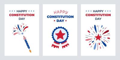 Set of minimalistic cards for Happy Constitution Day of USA with cartoon illustration of firework, medal in US colors. Cute concept for poster, banner to celebrate holiday at 17th of September. vector