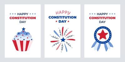 Cute set of greeting cards for Happy Constitution Day of USA with cartoon illustration of medal, firework, cupcake. Funny concept for poster, banner to celebrate holiday at 17th of September. vector