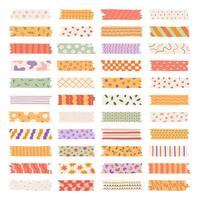 Big cartoon set of washi tape stripes with squiggle, geometry and cute pattern. adhesive tapes with colorful hand drawn memphis ornament. Trendy decorative scotch tape with ragged edges. vector