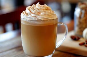 Steaming latte with whipped cream and cinnamon on top sitting on cafe table photo