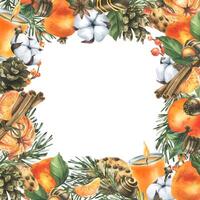 Tangerines with cotton, pine branches and cones, sweets, candle and spices. Watercolor illustration hand drawn for Christmas decor. Square frame isolated on white background. vector