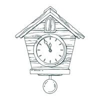 Wall clock with cuckoo, dial and hands, pendulum, wooden, antique. Line art is a simple hand-drawn illustration in black and white ink. Isolated EPS object. vector