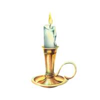 Candlestick with handle gold, copper, bronze with white burning candle with wax drips, antique, retro, vintage. Watercolor illustration hand-drawn. Separate object isolated from background. vector