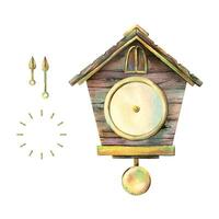Wall clock with cuckoo, dial and hands, pendulum, wooden, antique, brown with gold details. Watercolor illustration hand-drawn. Set of elements isolated from the background vector