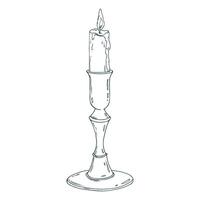 Candlestick tall, copper, bronze with a burning candle with wax drips, antique, retro, vintage. Line art is a simple hand-drawn illustration in black and white ink. Isolated EPS object. vector