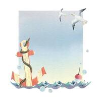 Wooden striped anchor with rope on sea waves with fishing float, bubbles and flying seagulls. Hand drawn watercolor illustration. Template, frame for text with blue background isolated. vector