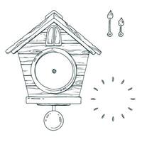 Wall clock with cuckoo, dial and hands, pendulum, wooden, antique. Line art is a simple hand-drawn illustration in black and white ink. Isolated EPS object. vector