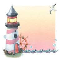 The sea lighthouse is striped with a steering wheel flying a seagull, waves and bubbles of water. Watercolor illustration drawn by hand. Template, a frame with a coral background isolated. vector