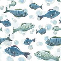 Blue water bubbles of different sizes with fish in a chaotic order. Watercolor hand-drawn illustration. Seamless pattern, endlessly repeating ornament, on a white background vector