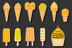 Illustration on theme big kit ice cream popsicle different types in cone waffle cup vector