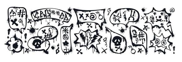 Graffiti spray paint comic speech bubbles with curses, insults, offensive words, skull, censored. Hand drawn ink talk balloons, dialogue box, text frames with swearwords. Aggressive emotion, profanity vector