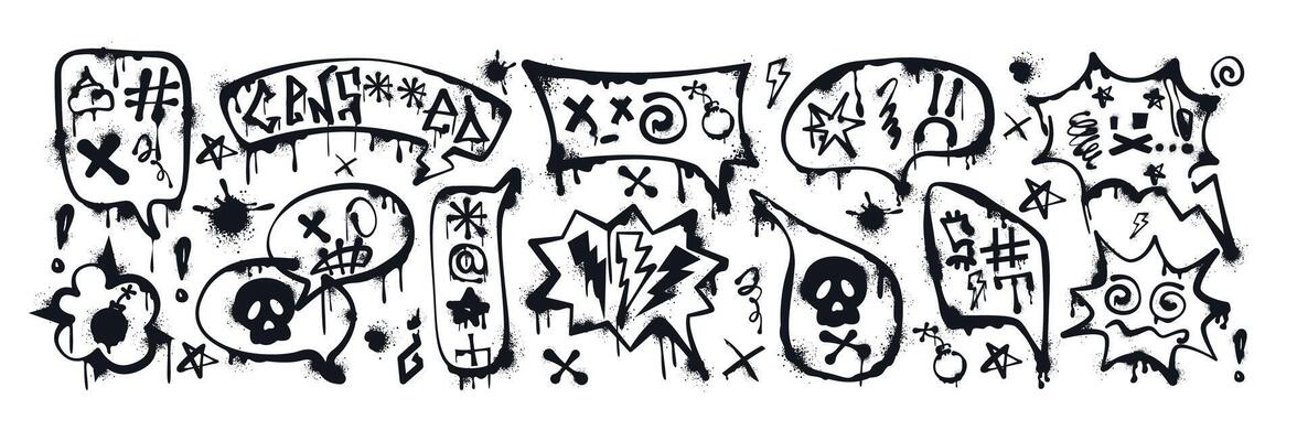 Graffiti spray paint comic speech bubbles with curses, insults, offensive words, skull, censored. Hand drawn ink talk balloons, dialogue box, text frames with swearwords. Aggressive emotion, profanity